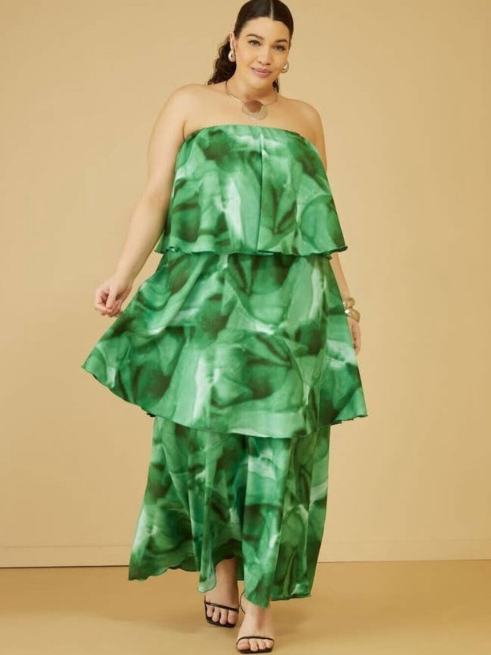 Ashley Stewart Green Strapless Tiered Maxi Dress 26/28